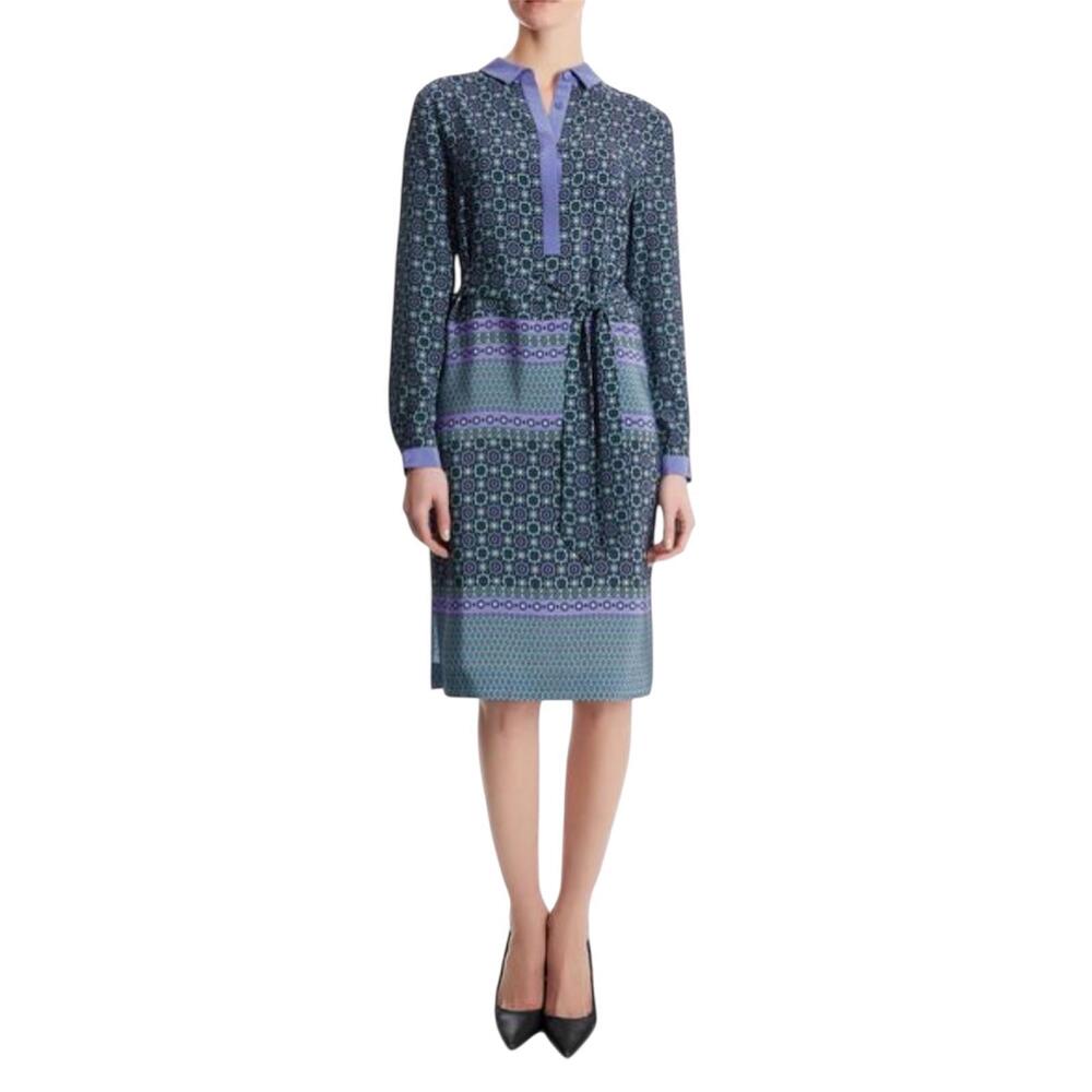 NWT Jaeger Blue Geometric Silk Shirt Dress Knee Length | Waist Tie Size L